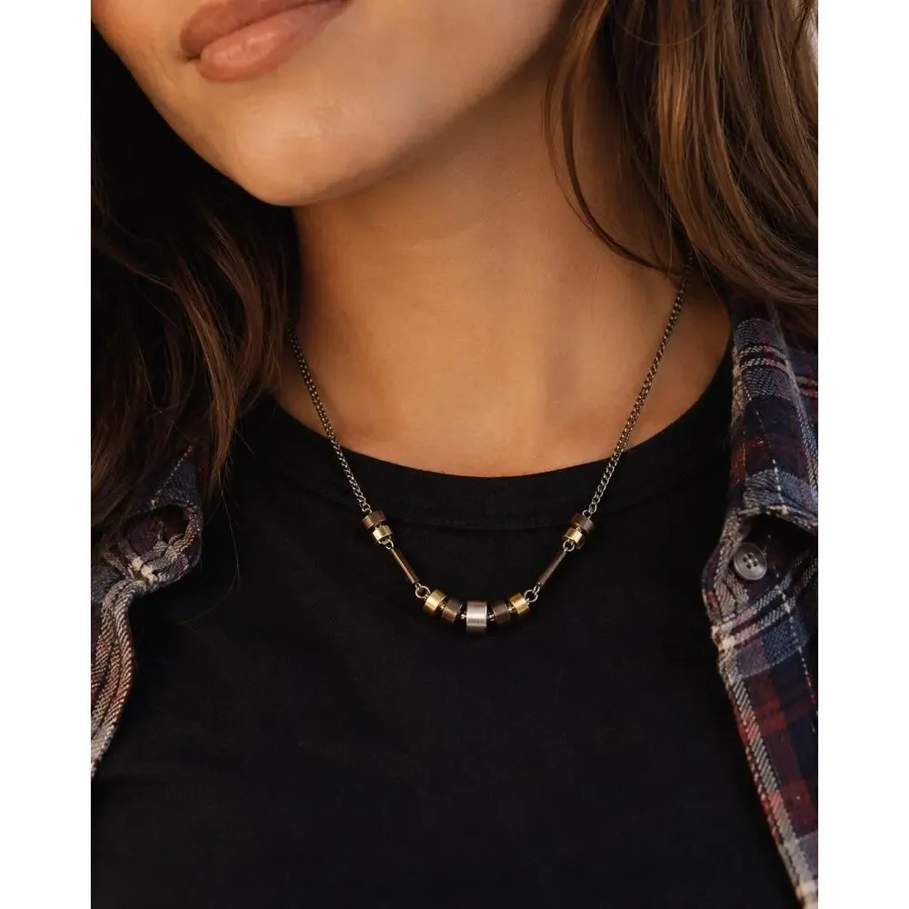 Vintage 80s 90s Industrial Tri-Tone Metal Necklace 15” Minimalist